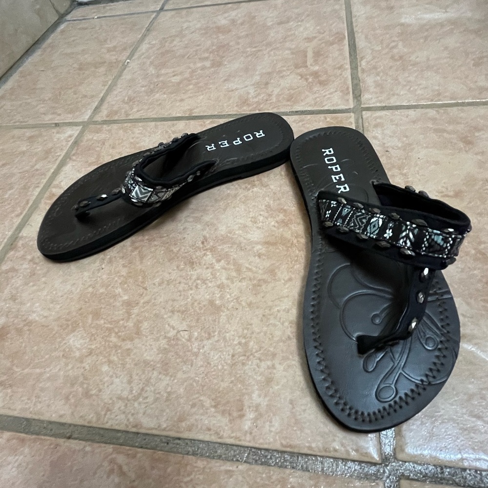 Roper Black Sandals with Sparkling Embellishments